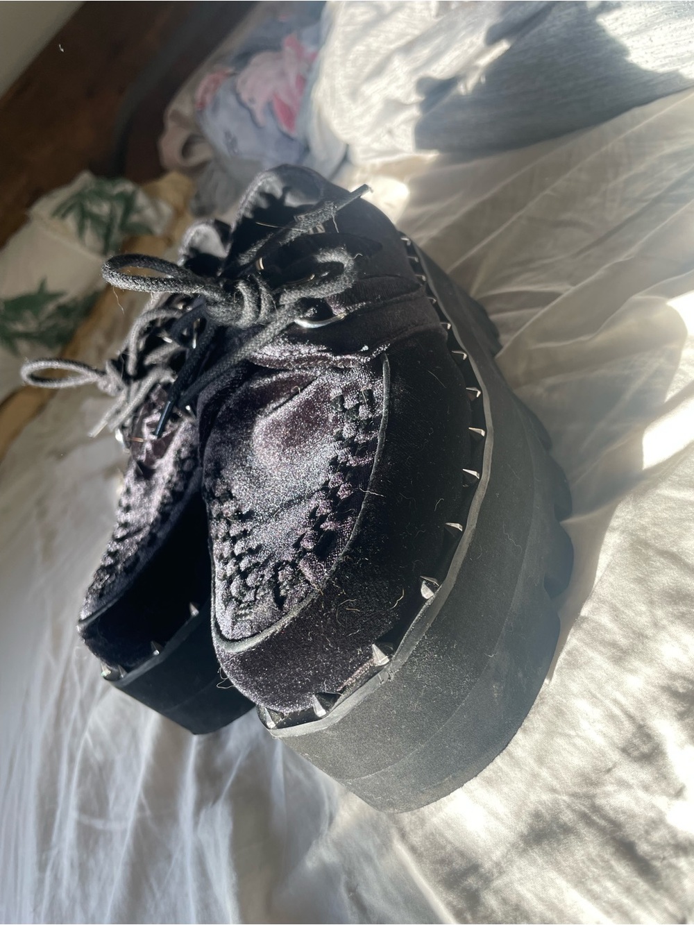 Black Velvet Platforms with Silver Spikes
